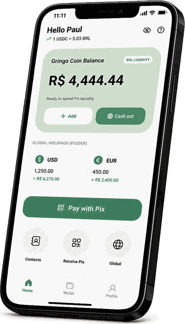 Gringo Coin mobile app showing balances in BRL, USD and EUR with Pix payment.